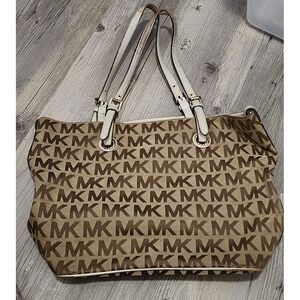 MIchael Kors Signature Jet Set Logo Canvas Shoulder Tote‎ Bag Mocha Leather Trim